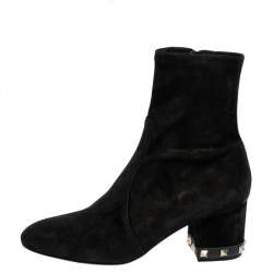 Pre Owned Valentino Black Suede Rockstud Trim Heel Ankle Boots Size 38
