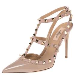 Pre Owned Valentino Beige Patent Leather Rockstud Pointed Toe Sandals Size 38.5