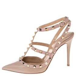 Pre Owned Valentino Beige Patent Leather Rockstud Pointed Toe Sandals Size 38.5