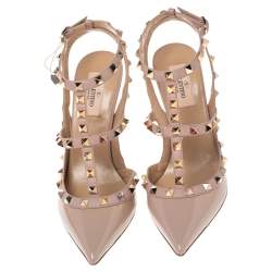 Pre Owned Valentino Beige Patent Leather Rockstud Pointed Toe Sandals Size 38.5