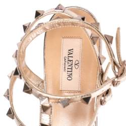 Pre Owned Valentino Gold Leather Rockstud  Ankle Strap Flat Size 38