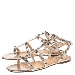 Pre Owned Valentino Gold Leather Rockstud  Ankle Strap Flat Size 38