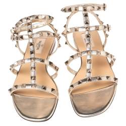 Pre Owned Valentino Gold Leather Rockstud  Ankle Strap Flat Size 38