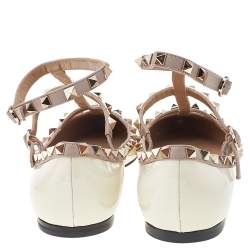 مملوكة مسبقًا Valentino Cream/Beige Patent Leather Rockstud Ankle Strap Ballet Flats Size EU 38