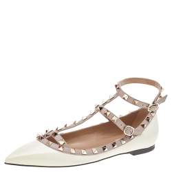 مملوكة مسبقًا Valentino Cream/Beige Patent Leather Rockstud Ankle Strap Ballet Flats Size EU 38