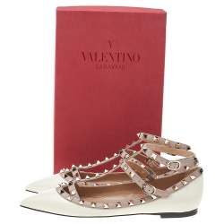 مملوكة مسبقًا Valentino Cream/Beige Patent Leather Rockstud Ankle Strap Ballet Flats Size EU 38