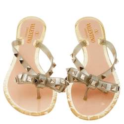 Pre Owned Valentino Metallic Glitter Jelly Rockstud Bow Thong Flats Size EU 37