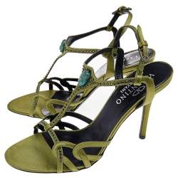 مملوكة مسبقًا Valentino Vintage Olive Green Satin Embellished Ankle Strap Sandals Size 38