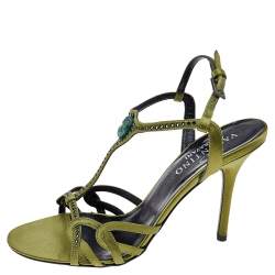مملوكة مسبقًا Valentino Vintage Olive Green Satin Embellished Ankle Strap Sandals Size 38