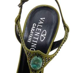 مملوكة مسبقًا Valentino Vintage Olive Green Satin Embellished Ankle Strap Sandals Size 38