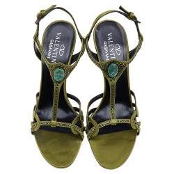 مملوكة مسبقًا Valentino Vintage Olive Green Satin Embellished Ankle Strap Sandals Size 38