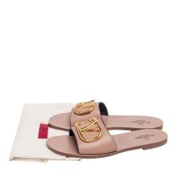 Pre Owned Valentino Beige Leather Vlogo Signature Flat Sandals Size 38.5