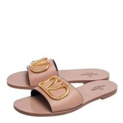 Pre Owned Valentino Beige Leather Vlogo Signature Flat Sandals Size 38.5