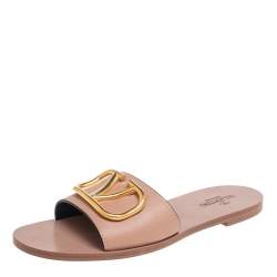 Pre Owned Valentino Beige Leather Vlogo Signature Flat Sandals Size 38.5