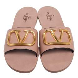 Pre Owned Valentino Beige Leather Vlogo Signature Flat Sandals Size 38.5