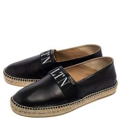 Pre Owned Valentino Black Leather VLTN Slip On Espadrille Flats Size EU 43.5