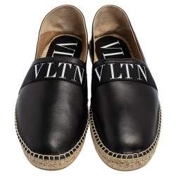 Pre Owned Valentino Black Leather VLTN Slip On Espadrille Flats Size EU 43.5