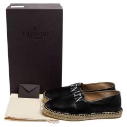Pre Owned Valentino Black Leather VLTN Slip On Espadrille Flats Size EU 43.5