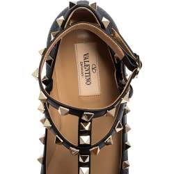 Pre Owned Valentino Black Leather Rockstud Caged Ballet Flats Size 37