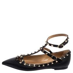 Pre Owned Valentino Black Leather Rockstud Caged Ballet Flats Size 37