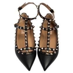 Pre Owned Valentino Black Leather Rockstud Caged Ballet Flats Size 37