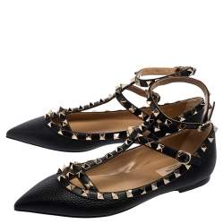 Pre Owned Valentino Black Leather Rockstud Caged Ballet Flats Size 37