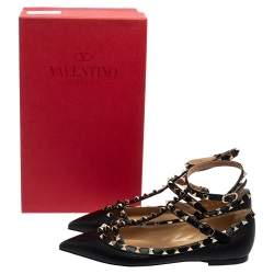 Pre Owned Valentino Black Leather Rockstud Caged Ballet Flats Size 37