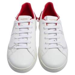Pre Owned Valentino White Perforated Leather Backnet Rockstud Low Top Sneakers Size 37