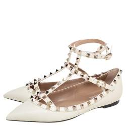 Pre Owned Valentino Off-White Leather Rockstud Ballet Flats Size 38.5