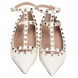 Pre Owned Valentino Off-White Leather Rockstud Ballet Flats Size 38.5