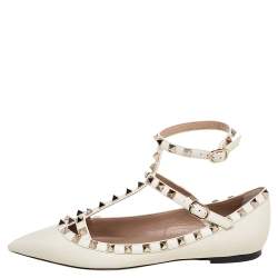 Pre Owned Valentino Off-White Leather Rockstud Ballet Flats Size 38.5
