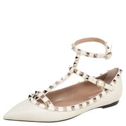 Pre Owned Valentino Off-White Leather Rockstud Ballet Flats Size 38.5