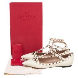 Pre Owned Valentino Off-White Leather Rockstud Ballet Flats Size 38.5