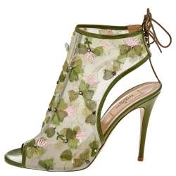 Pre Owned حذاء بوت كاحل فالنتينو حواف شبكة وجلد لامع أخضر مزخرف زهور مقدمة مفتوحة مقاس 39.5