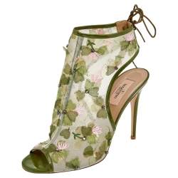 Pre Owned حذاء بوت كاحل فالنتينو حواف شبكة وجلد لامع أخضر مزخرف زهور مقدمة مفتوحة مقاس 39.5