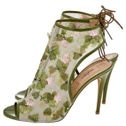 Pre Owned حذاء بوت كاحل فالنتينو حواف شبكة وجلد لامع أخضر مزخرف زهور مقدمة مفتوحة مقاس 39.5