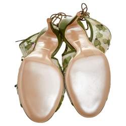 Pre Owned حذاء بوت كاحل فالنتينو حواف شبكة وجلد لامع أخضر مزخرف زهور مقدمة مفتوحة مقاس 39.5