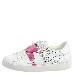Pre Owned Valentino White/Pink Printed Leather Open Zebra Sneakers Size 38