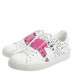 Pre Owned Valentino White/Pink Printed Leather Open Zebra Sneakers Size 38