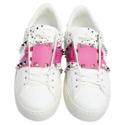 Pre Owned Valentino White/Pink Printed Leather Open Zebra Sneakers Size 38