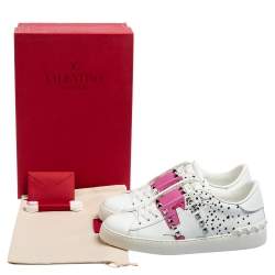 Pre Owned Valentino White/Pink Printed Leather Open Zebra Sneakers Size 38