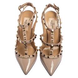 Pre Owned حذاء كعب عالي فالنتينو سير كاحل روكستد جلد بيج مقاس 36.5