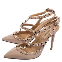 Pre Owned حذاء كعب عالي فالنتينو سير كاحل روكستد جلد بيج مقاس 36.5