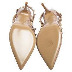 Pre Owned حذاء كعب عالي فالنتينو سير كاحل روكستد جلد بيج مقاس 36.5