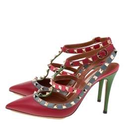 Pre Owned Valentino Multicolor Leather Rockstud Ankle Strap Sandals Size 38.5