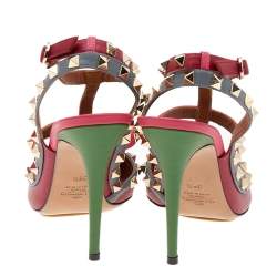 Pre Owned Valentino Multicolor Leather Rockstud Ankle Strap Sandals Size 38.5