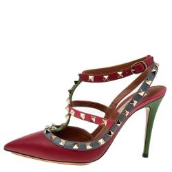 Pre Owned Valentino Multicolor Leather Rockstud Ankle Strap Sandals Size 38.5