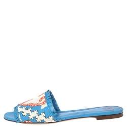 Valentino Blue Canvas Flower Palm Leaf Flat Slides Size 39