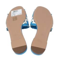 Valentino Blue Canvas Flower Palm Leaf Flat Slides Size 39
