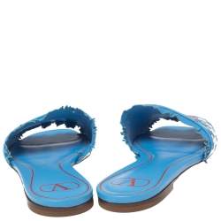 Valentino Blue Canvas Flower Palm Leaf Flat Slides Size 39